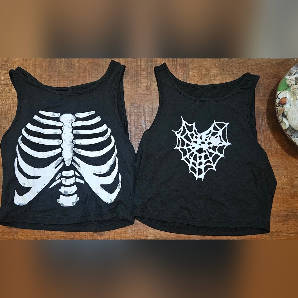 Black Skeleton and Spider Web Crop Tops